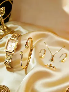 Elegant Quartz Watch Set with Bracelet Necklace Ring, Stainless Steel Band, Perfect Gift for Women, All Seasons Wear