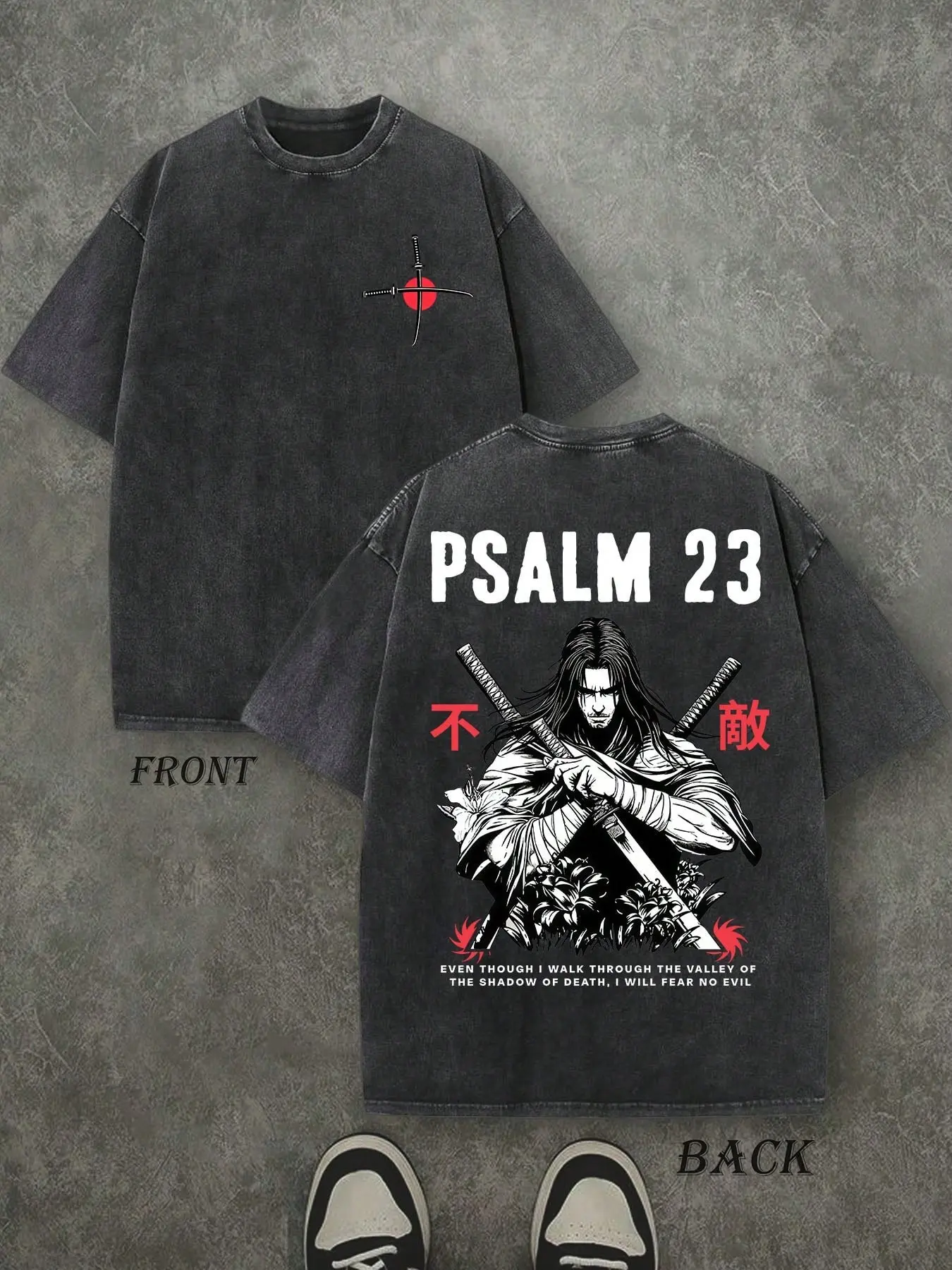 Vintage Psalm 23 Samurai Warrior Front Back Christian T-Shirt, Washed Black Oversized Cotton Crewneck Tee, Red Cross Chest Japanese Kanji Fear No Evil Bible Verse Religious Streetwear Gift Top For Men Believers