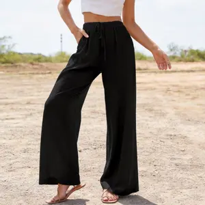 2026 new plus size women's pants linen loose casual pocket drawstring wide leg pants for women