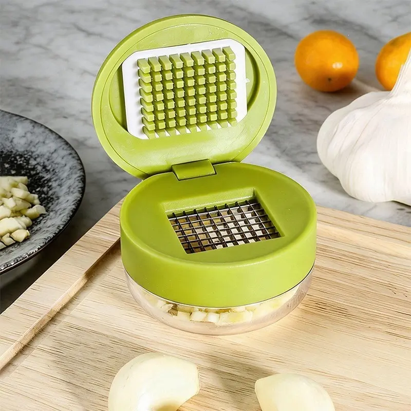 Portable Mini Garlic Chopper with Container – Push-Button Manual Mincer with Sharp Stainless Steel Blades, Multifunctional Food Cutter for Garlic, Ginger, Onion & Chili, Compact Handheld Kitchen Gadget for Quick Chopping, Green