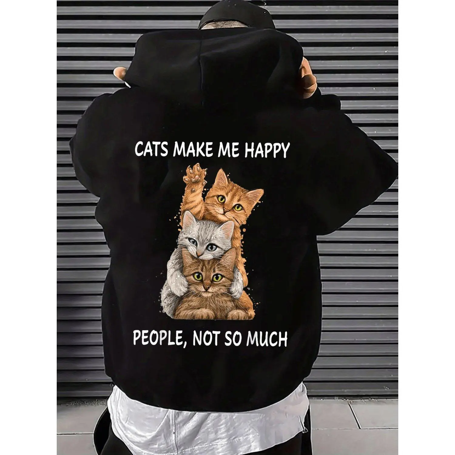 Hoodie Sweatshirt Hooded Cat Lover Funny Makes Me Happy Not Humans Tabby Tuxedo Statement Graphic Plus Size Long Sleeve Pullover Casual Apparel Outerwear