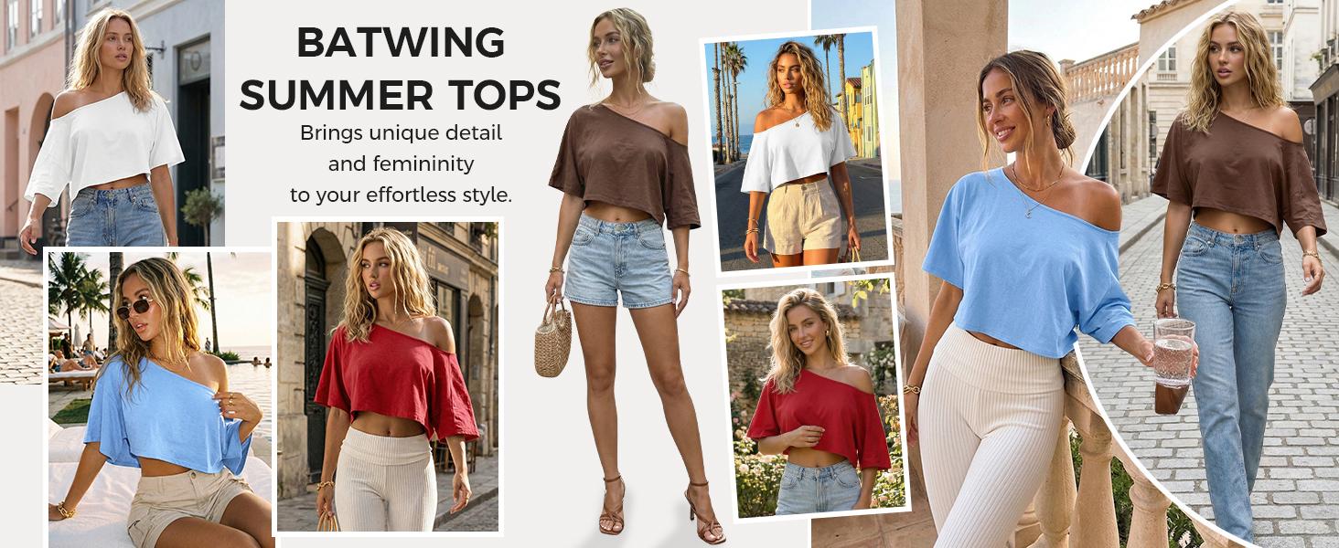 Fisoew Womens Cotton Off-Shoulder Crop Top Loose Batwing Sleeve Asymmetrical Neck Casual Tee for Summer Daily Wear & Loungewear Womenswear Women's Clothes, T Shirts,summerwins,summeroutfits,vacationoutfits,beachoutfits #Summerwins #DealsForYouDays