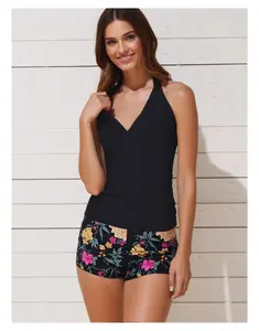 Tankini Swimsuit for Women Black Floral Halter Top with Boyshorts - Ruched Tummy Control Swimwear Two Piece Bathing Suit for Beach, Pool, Vacation - Adjustable Straps