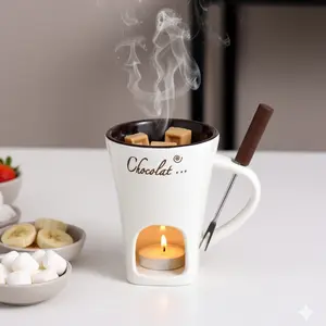 Ceramic Chocolate Melting Cup Set with Mini Heater Pot and Forks, Perfect for Roasting Marshmallows and Dipping, Ideal for Holiday Parties