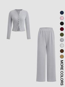 two-piece set women's solid button front ribbed crop top & elastic waist pants outfit, casual longsleeves round neck top & trousers 2 piece suits for spring & fall, womenswear matching sets for daily wear, sets for women 2 piece, 2 piece sets