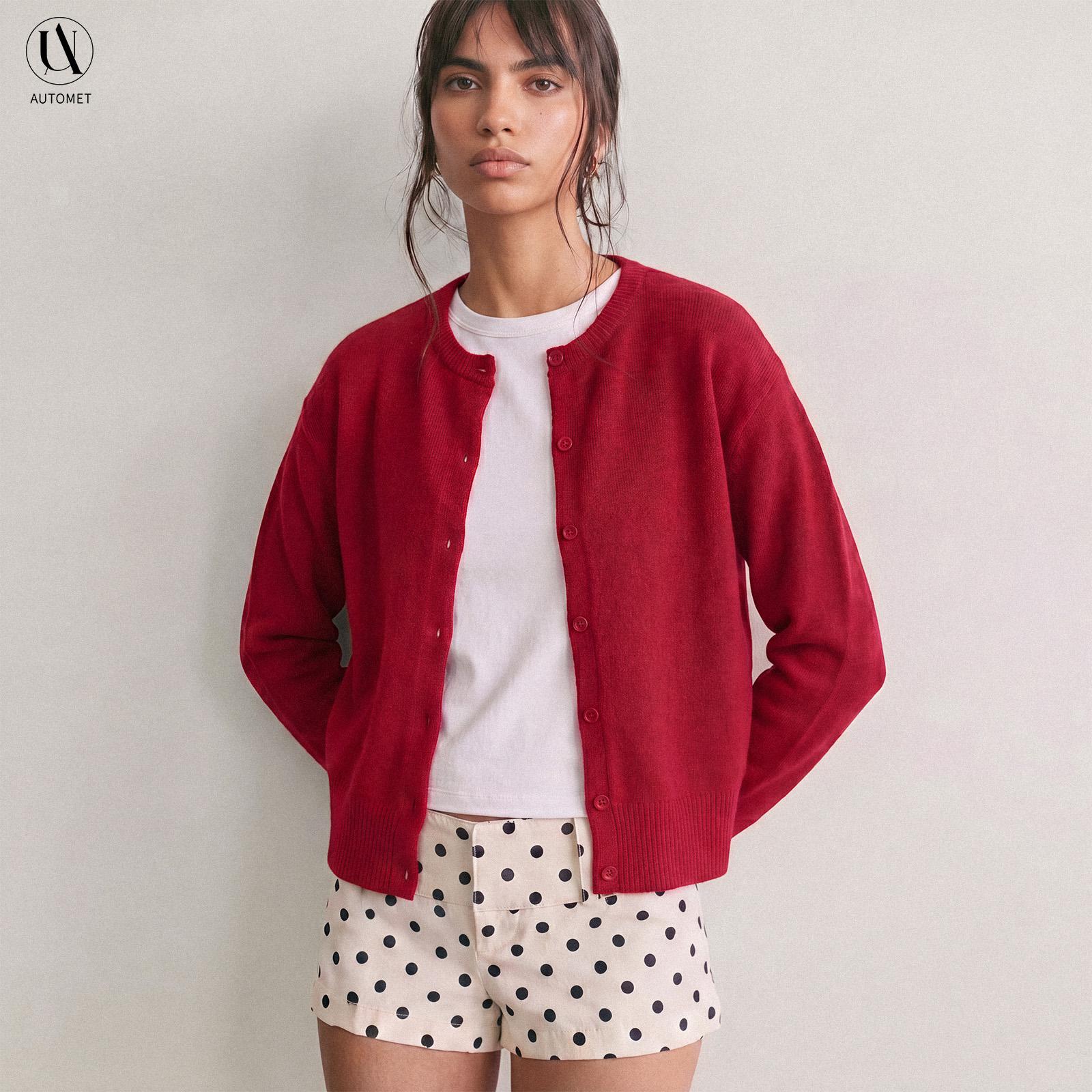 AUTOMET Women's Cropped Knit Cardigan - Soft Lightweight Cotton Fabric, Basic Open-Front Long-Sleeve Knitwear, Women's Clothes for Y2k 2025 Fall Casual Outfits Womenswear