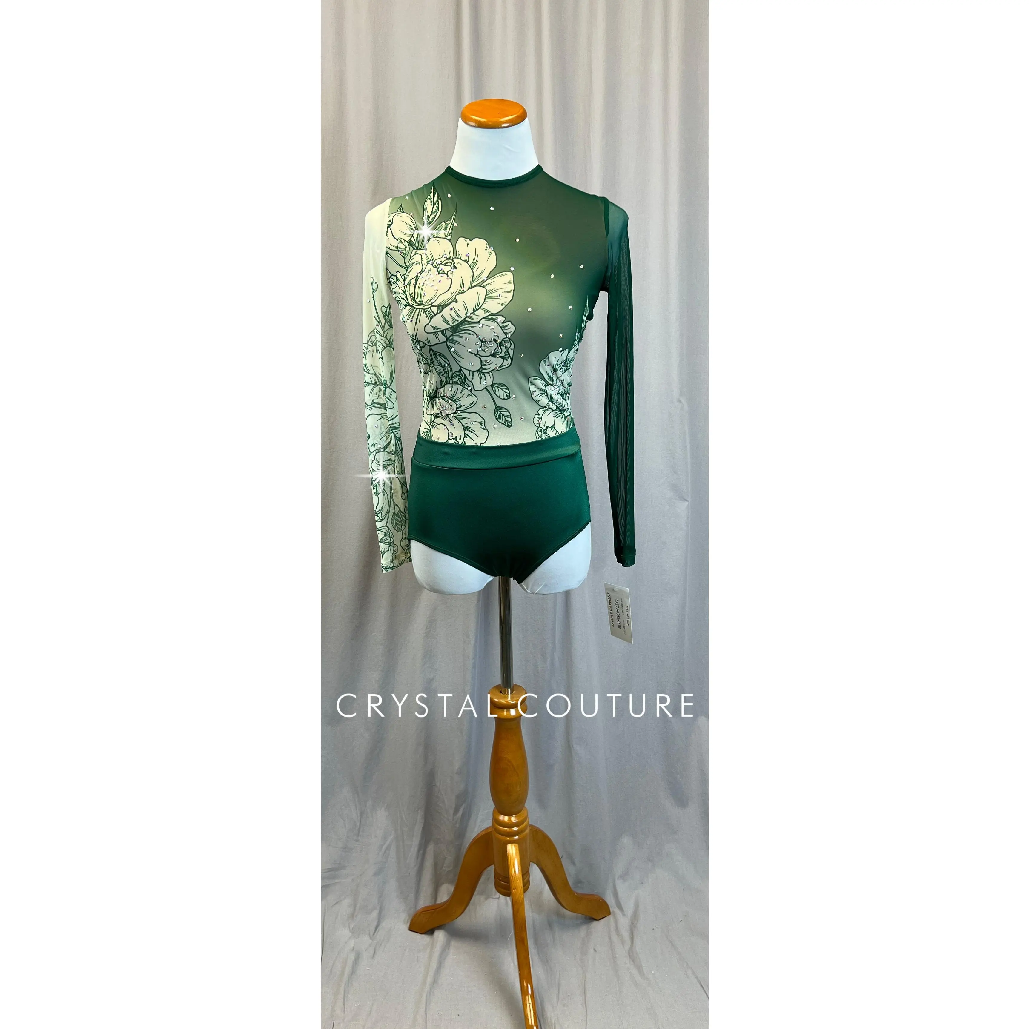 *Brand New* Green and Cream Mesh Floral Long Sleeve Leotard - Rhinestones
