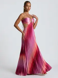 LikeMyChoice 2026 Pink Ombre Pleated Satin Cutout Backless Maxi Dress with Halter Neckline & Open Tie-Back Design for Formal Events - Fabric long formaldresses