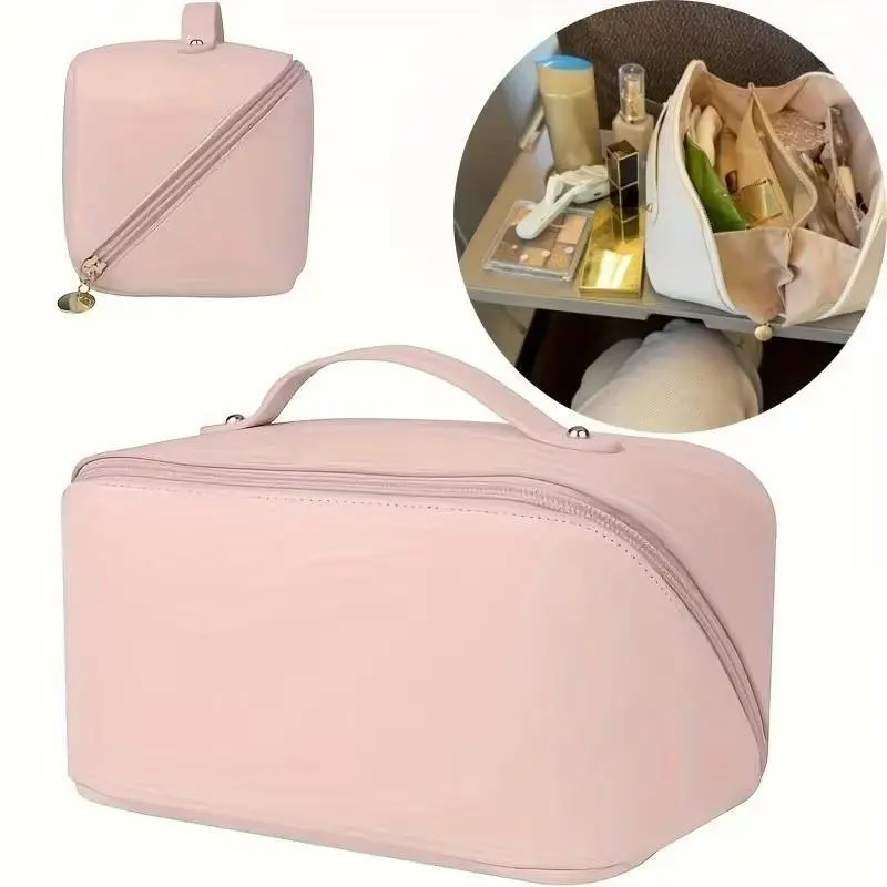 Large Capacity Travel Makeup Bag, Expandable Luggage Organizer, Leather-Style Cosmetic Storage, Zippered Compartments for Toiletries