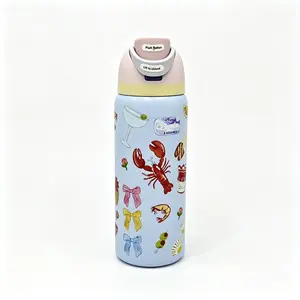 Owala 24oz Coquette Picnic Print Water Bottle, Lobster & Bow Pattern Insulated Stainless Steel Tumbler, Leakproof Flip Top with Lock, Summer Travel Cup navy freesip