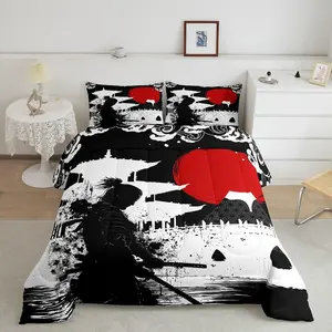 Samurai Designer Comforter Set,SunSet Comforter,Red Sun Japanese Wave Home Decor Luxury Bedding Set,Japanese Ukiyoe Theme Microfiber Duvet Set