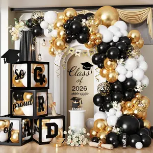 Graduation Balloon Box Set 2026, Black Gold Grad Boxes with 122PCS Balloon Arch Kit, Class of 2026 Graduation Party Decorations, Congrats Grad Supplies for