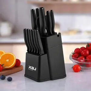 15-Piece Kitchen Knife Block Set: Including Sharpener, Heavy-Duty Poultry Shears, 6 Serrated Steak Knives. Made of German-Style Stainless Steel, Sharp & Anti-Slip.​ Kitchenware Container Box Home Chopping