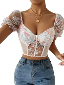 Women's Floral Embroidered Puff Sleeve Tops Slim Fit Corset Crop Top Sexy Bustier Tank Top T-Shirts Sexy Going Out Top