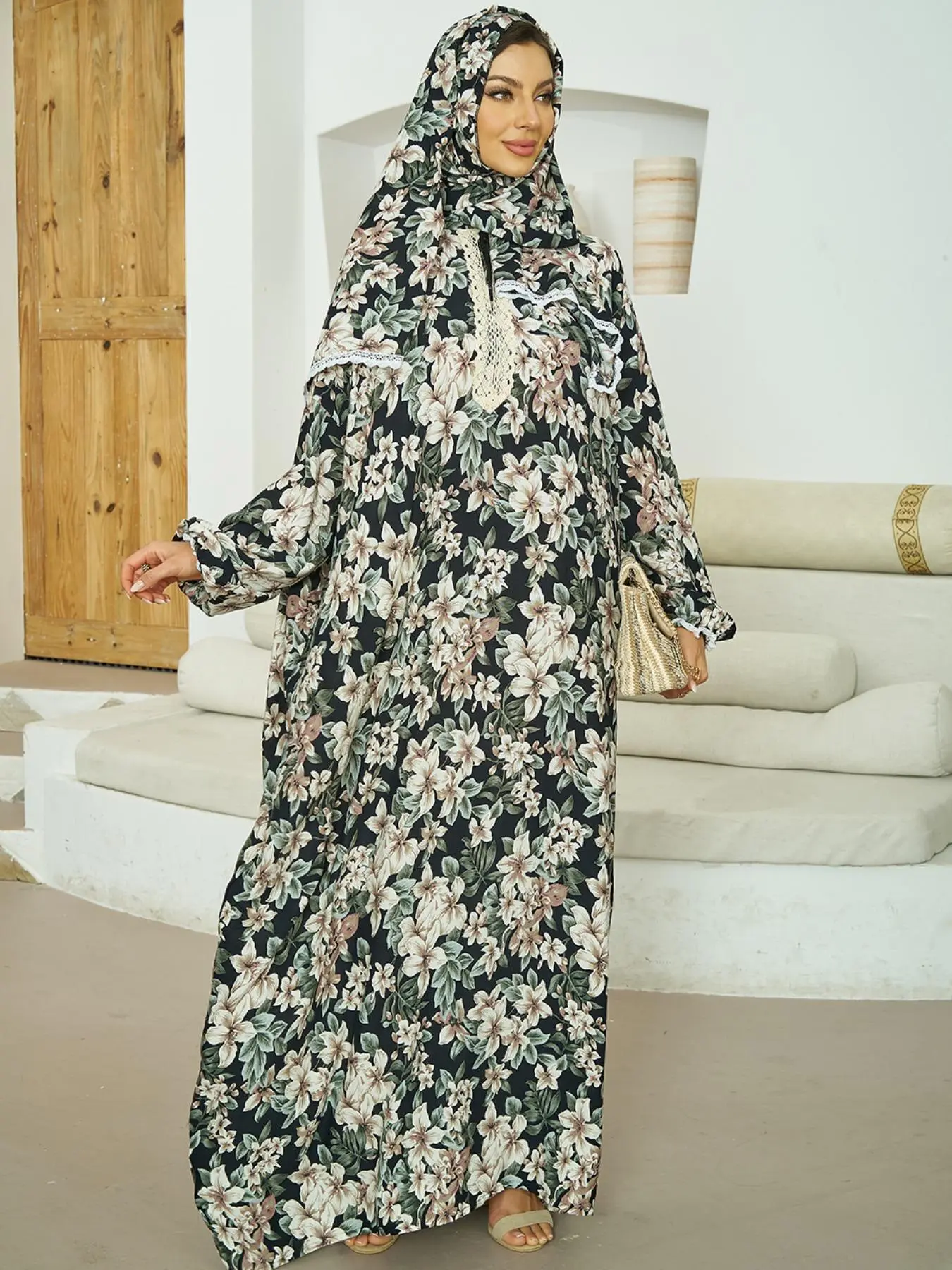 Casual Floral Print Hooded Prayer Dress with Hat Elegant Long Sleeve Maxi Muslimwomens Clothing Loose Fit Abaya