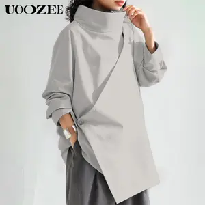 UOOZEE Women’s 2026 High Neck Polyester with Back Zipper Blouse, New Spring Long Sleeves Loose Solid Color Asymmetrical Casual Daily T-Shirts Tops (Sizing Runs Large- Check Size Guide or Order Smaller)