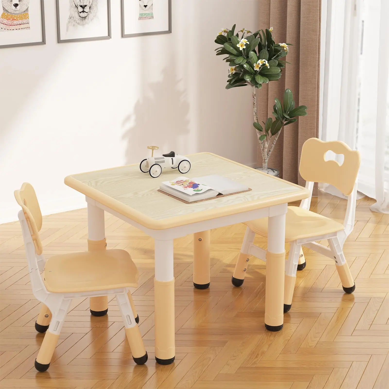 Kids’ table set with 2 chairs, height-adjustable toddler table and chairs for ages 2–10, graffiti desktop with non-slip legs, child table set for home, daycare, and classroom silver gray outdoor patio furniture acacia wood table top