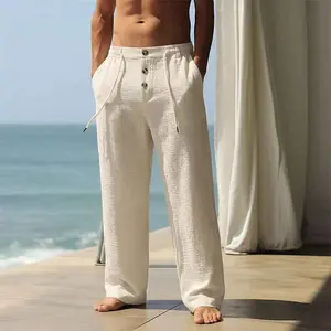 Men's Casual Linen-Look Textured Drawstring Waist Long Pants