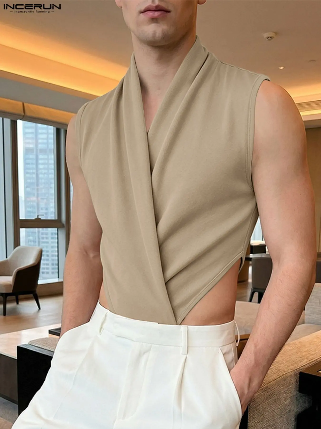 INCERUN Men's Fashion Solid Color Cross-Tie Sleeveless Romper, Stylish and Comfortable Design, Perfect for Casual Wear, Trendy Men's Clothing