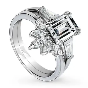 BERRICLE Sterling Silver 3-Stone Flower 7-Stone Wishbone Engagement Rings Statement Stackable Band for Women, 2.1 Carat Emerald Cut Cubic Zirconia CZ Ring Set