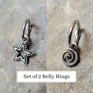 2 Belly Rings Goth Swirl Spiral Star Silver Tiny Hoop Clicker charms Y2K Hippie Boho navel button piercing jewelry set alt 14g 16g gauge men