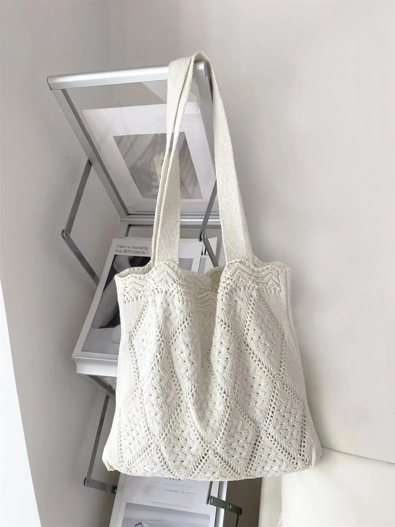 Women's Elegant Crochet Design Tote Bag, Trendy Cute Large Capacity Slip on Shoulder Bag, All-match Tote Bag for Daily Use