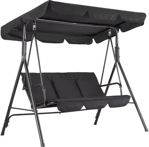 GARVEE 3-Seat Patio Swing Chair,Outdoor Porch Swing with Adjustable Canopy Thickened Cushions 2-3 Seat Shade Awning Cover for Garden Outdoor Patio Black