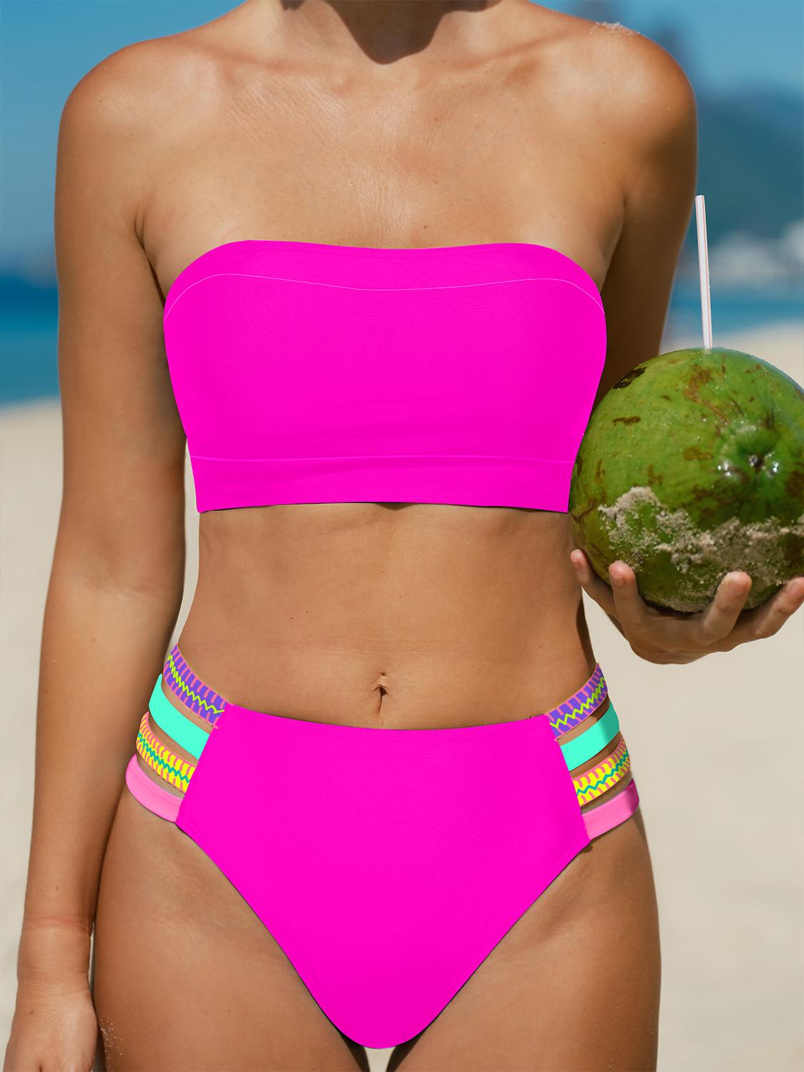Popvil Bandeau Colorful Strechy Straps Bikini Set, High Waisted Bikini Bottom, Swimsuit with Removable Strap, Neon Bathing Suit