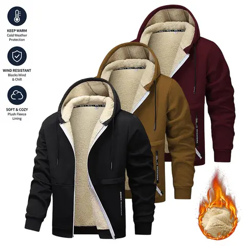 American-Style Men's Hooded Fleece-Lined Coat, Autumn-Winter Casual Long Sleeve Plain Top, Full-Zip Loose Fit, Windproof Cold-Resistant, Thick Soft Fabric, Zippered Anti-Theft Pockets