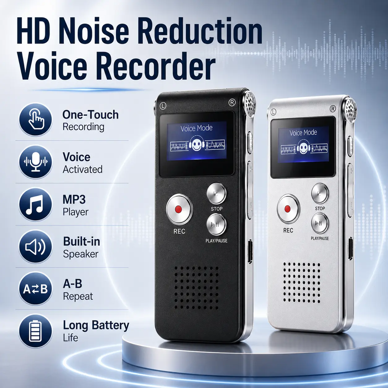 Voice Recorder Digital, Portable Voice Recorder with HD Noise Reduction, Voice Activated Recorder, MP3 Player, Audio Recording Device, Mini Recorder for Meetings, Lectures, Interviews, Classes
