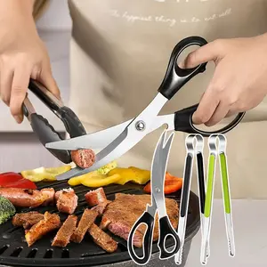 Korean Barbecue Scissors And 2 Tongs Set, BBQ Scissors BBQ Tongs, Stainless Steel Ergonomic Sharp Shears And Clips For Kitchen, Cooking Clips, Pizza Shears For Easy Use