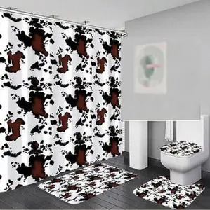 Cow Print Bathroom Decor Set, 1 Set Including Shower Curtain, Toilet U-Shaped Mat & Rectangular Mat, Bathroom Accessories