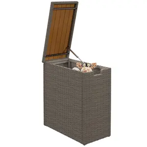 Outdoor Storage Box 17 Gallon PE Rattan Storage Trunk For Backyard Or Garden UV Resistant Powder Coated Steel Frame Teak Acacia Top
