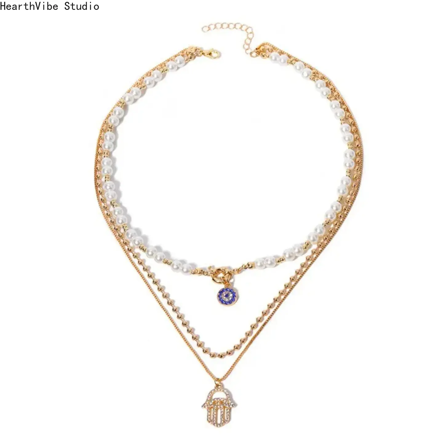 Women's Bohemian Multi-Layered Beaded Pendant Necklace - Gold-Plated Chain, Artificial Pearl, Evil Eye & Hamsa Hand Ethnic Charm, Exquisite Sports & Outdoor Accessory, Boho Charm Jewelry Gift for Daily Use