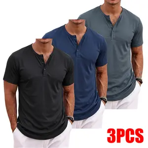 3 Pack men's pure color henley round neck short-sleeved T-shirts, suitable for fitness and exercise, with button design, men's casual tops, suitable for daily wear