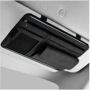Sun Visor Organizer, Leather Sun Visor Pocket Organizer Case with Multi-Pocket Net Zipper, Suede Note Holder  Visor Storage Pouch for Card Pen Sunglasses Document (Black)