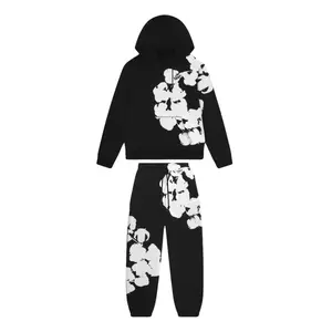 Denin Tearss Cotton Wreath Full Set Pullover Hoodie & Sweatpants Black Unisex Design Hip Hop Streetwear 3D Print Long Sleeve Set, Womenswear, Gift Idea