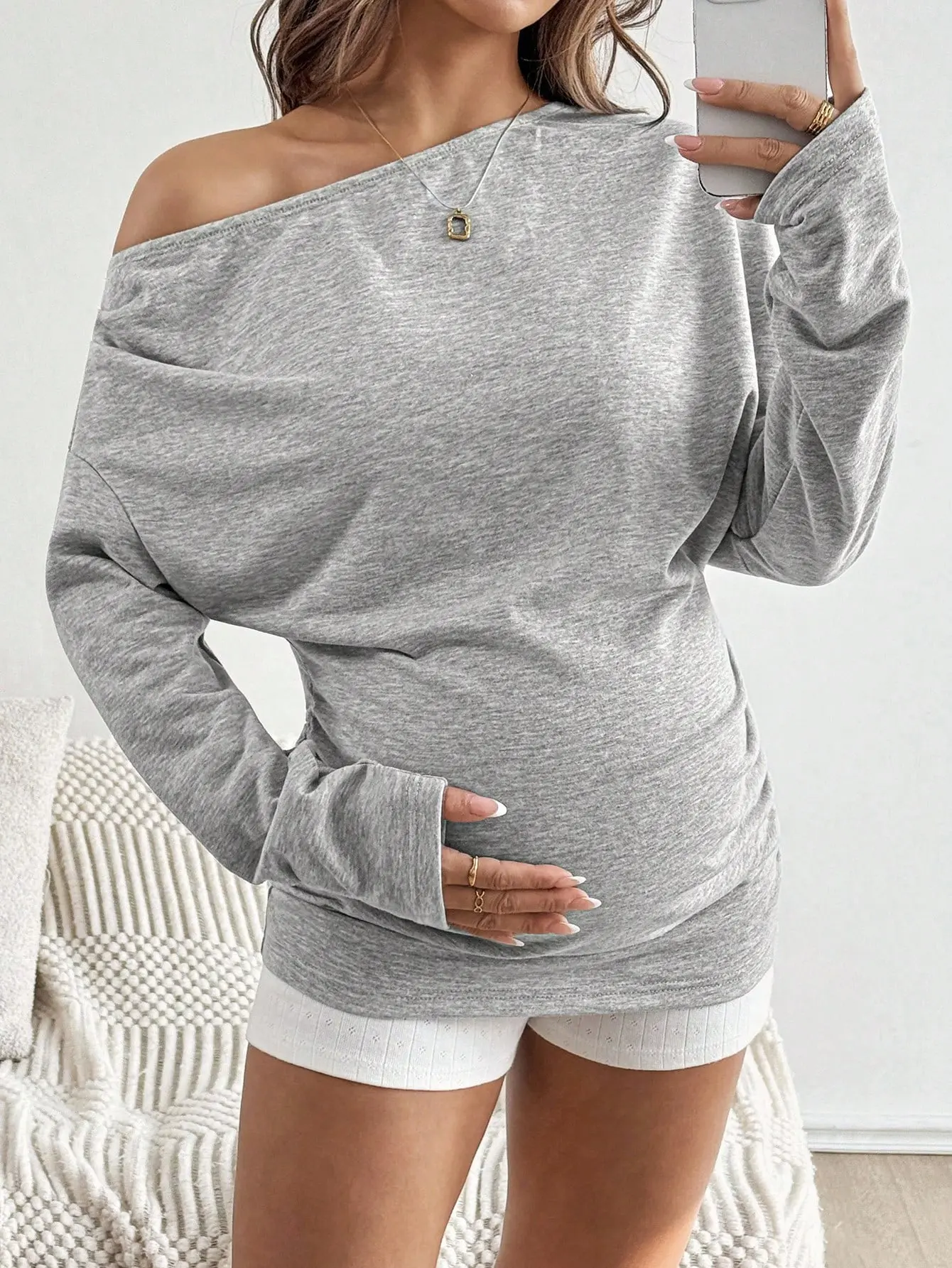 LALUZ Women Maternity Solid Color Pleated Asymmetrical Neck Long Sleeve Sweatshirt Off The Shoulder Autumn Pullover Trendy Outfit