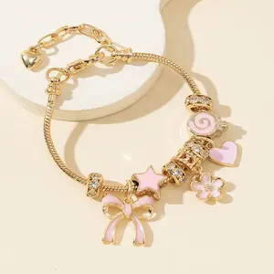 Pink Gold Charm Bracelet – Heart, Bow & Star Charms |     Adjustable Cute Jewelry Bracelets for women jewelry set beads stacks Kit