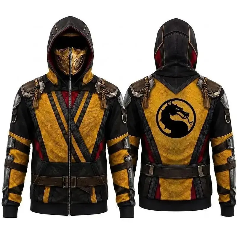 M0rtal K0mbat Sub-Zero Mens Zip-Up Hoodie, Lin Kuei Guild Built-In Face Mask Jacket, Blue Black Ninja Armor All-Over Print Hooded Sweatshirt, Cosplay Gamer Gift
