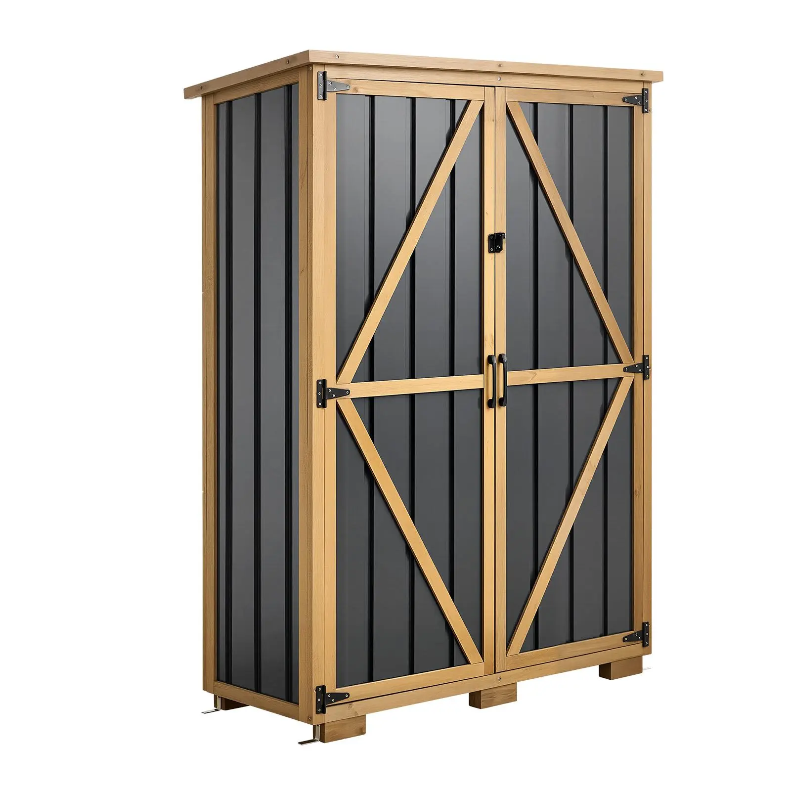VEVOR Sturdy Iron & Solid Fir Outdoor Storage Shed, 46.06"x62.99" Lockable Cabinet with Sloped Roof, Natural Grain Shelves, Floor, Waterproof, Quick Setup, Assembly Required, for Backyard Patio, Black/Brown - Outdoor Storage Solutions