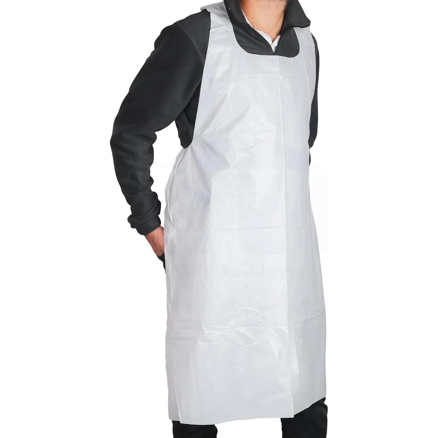 Disposable Waterproof White Plastic-Poly Industrial Apron, 46" x 28", Tie & Slip-On Plain Design for Home Kitchen & Waitress Use