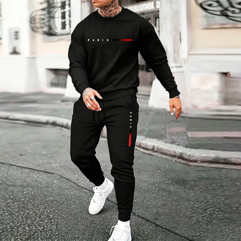 Men's 2-Piece Sportswear Set, Casual Commuter Outfit - Crew-Neck Long-Sleeve T-Shirt & Drawstring Athletic Pants, Comfortable for Spring/Autumn Home Wear & Fitness Training