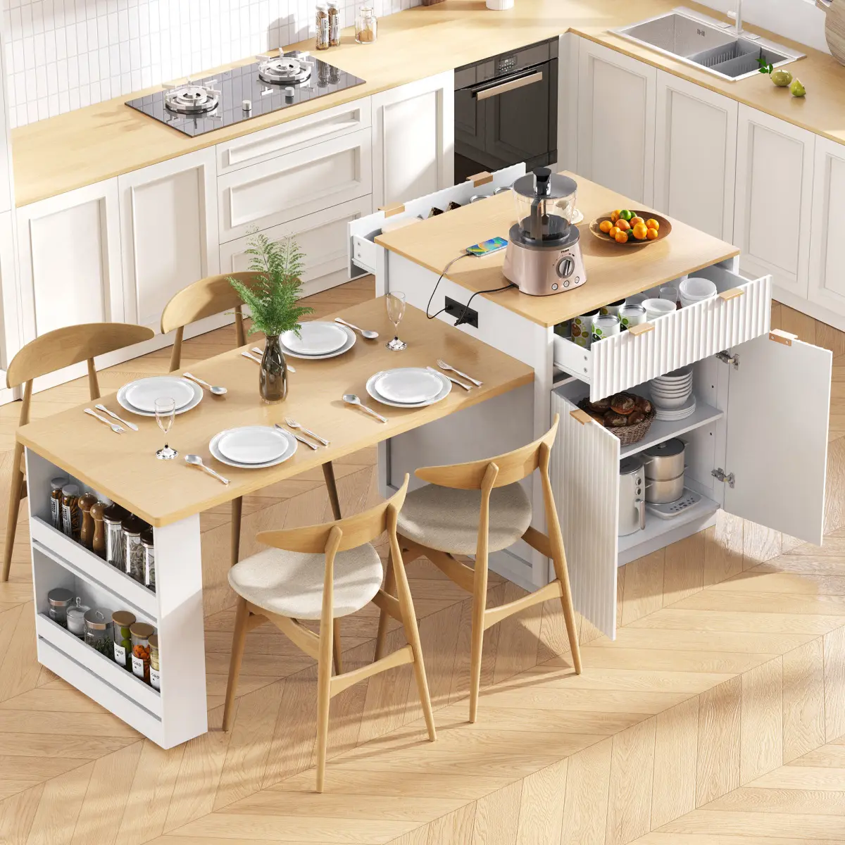 82.6" Fluted Kitchen Island with Extendable Dining Table for 4-6, Island Table for Kitchen with Power Outlet, Kitchen Table with Double-Side Storage, 2 Drawers 2 Side Open Shelves, White