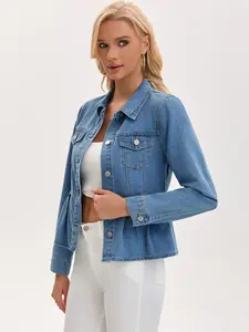 INSPIRE CHIC Women's Denim Jacket Button Down Collar Ruffle Hem with Pockets Peplum Jean Jackets