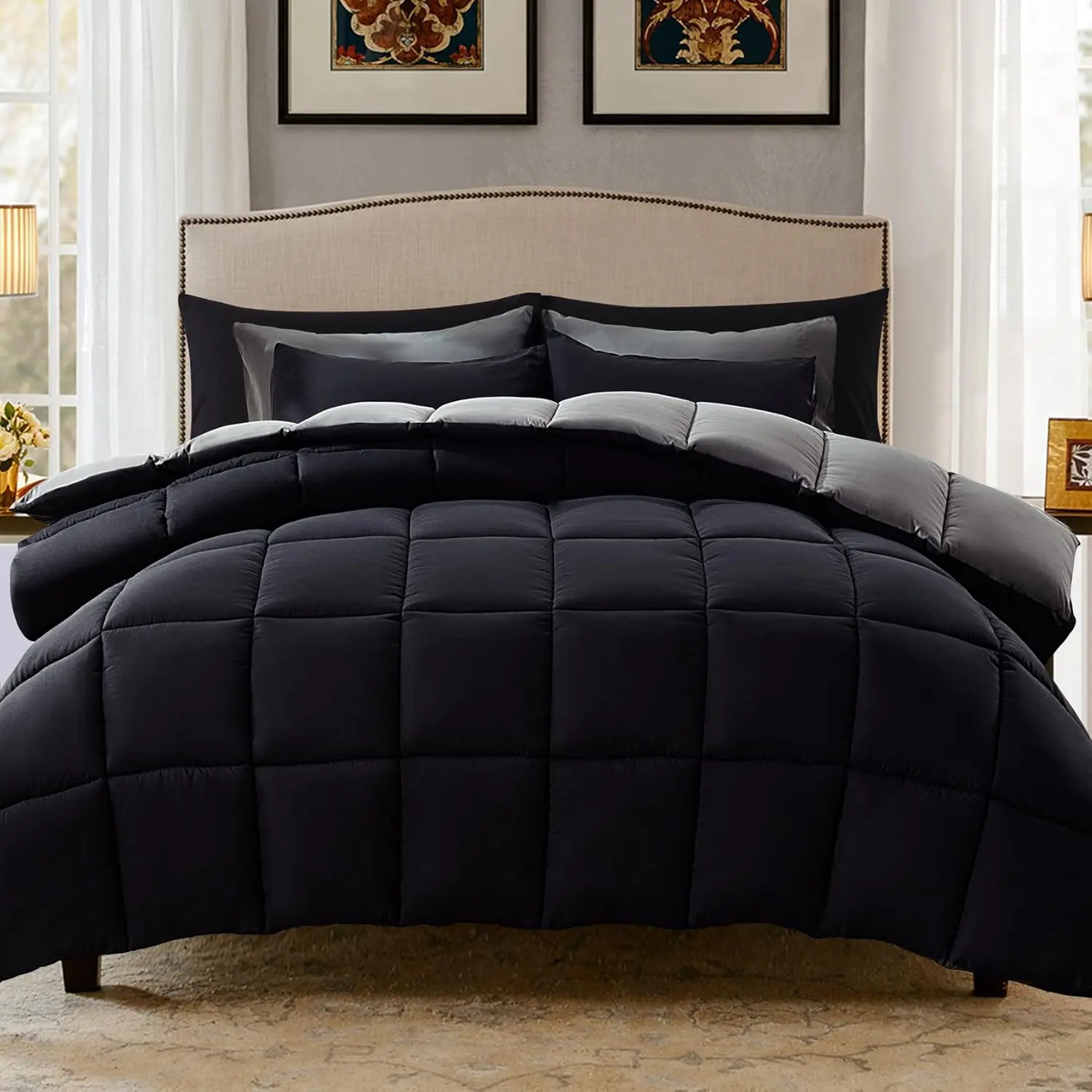Queen Size Lightweight Warm Quilted Down Alternative Comforter Bed Set - Polyester Bedding Duvet Insert, 2 Pillow Shams, Dark Theme Bedding, Black/Grey, Lightweight Warm Bedding