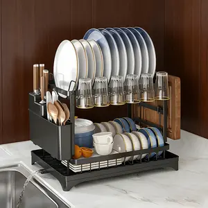 2-Tier Dish Drying Rack for Kitchen Counter with Removable Utensil Holder Drainboard & 360° Telescopic Drain Pipe for Efficient Drying