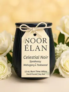 Noor Élan Celestial Noir Candle - Mahogany Teakwood Scent - 12 oz - 80 Hours Burn Time - Hand-Poured Soy Wax - Minimalist Design for Home & Office Decor