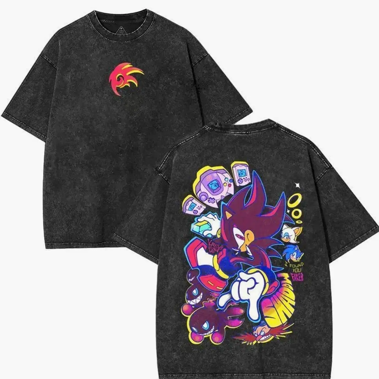 Shadow the Hedgehog “Chaos Control Protocol” Oversized Tee – Acid Washed Lightweight Cotton, Spiral Crest Front & Project Ultimate Grid Back Graphic, Retro Gamer Streetwear for Lorecore Fans & Chaosborn Collectors MXG