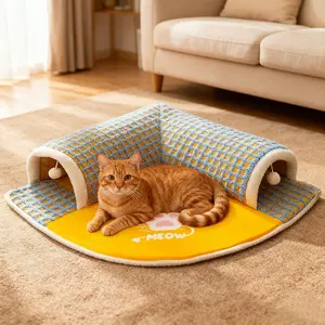 Cat Tunnel Bed, Foldable Cat Toy Tunnel with Pad, Indoor Pet Play Mat, Warm Nest, Non-Slip Base, Soft Comfortable Sleep Pod